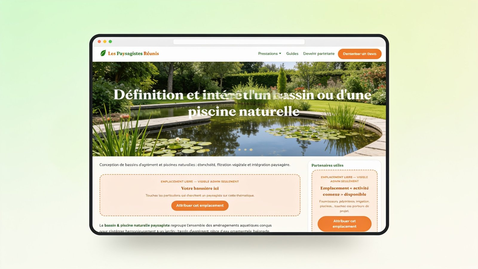 Emplacements sponsorisés sur une page du portail Les Paysagistes Réunis